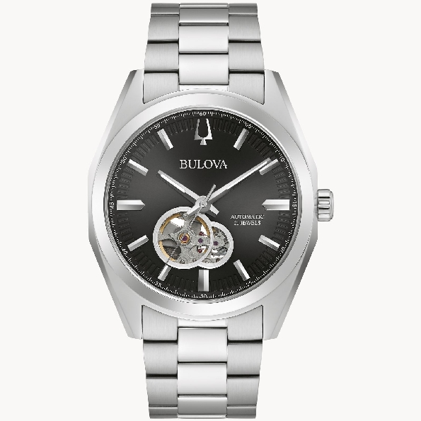 Stainless Steel 42mm; Exhibition Window on Caseback; Silver Dial; Flat Mineral Crystal; Open Aperture on Dial; Stainless Steel Bracelet From the Surveyor Collection by Bulova Watch #96A270
