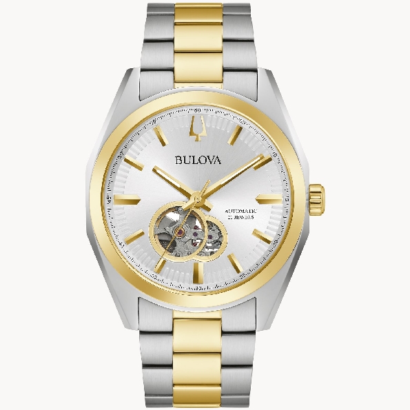 Stainless Steel 42mm with Two-tone Yellow Gold Finish; Automatic Self-winding; Exhibition Window on Caseback; Flat Mineral Crystal; Open Aperture on Dial; Two-tone Yellow Gold Stainless Steel Bracelet From the Surveyor Collection by Bulova Watch #98A