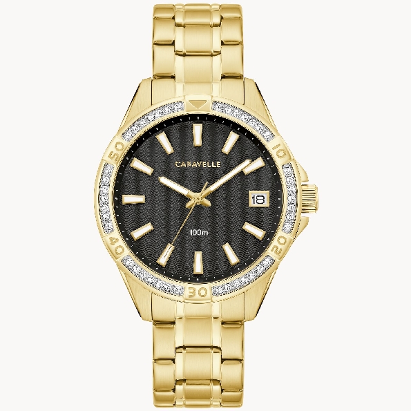 Stainless Steel Round Case with Yellow Ion Plating 42 Crystals; Black-wave Inspired Dial; Calendar; Luminous Markers; Stainless Steel Bracelet from the Aqualuxx Collection by Caravelle #44M116