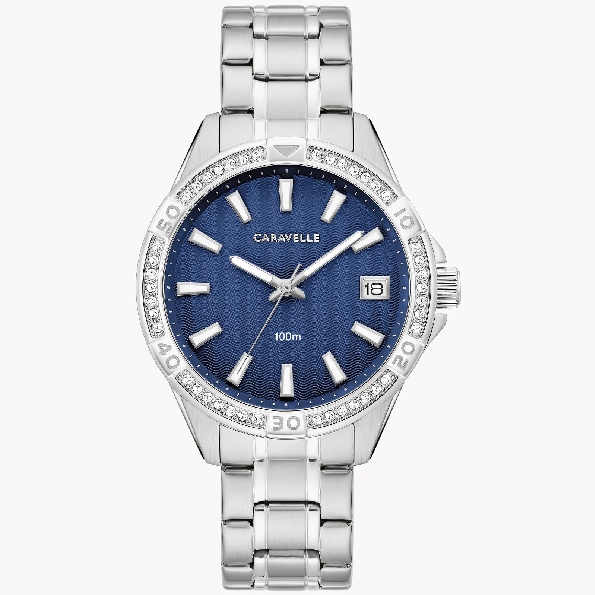 Stainless Steel Round Case; 42 Crystals; Blue-wave Inspired Dial; Calendar; Luminous Markers; Stainless Steel Bracelet from the Aqualuxx Collection by Caravelle #43M122