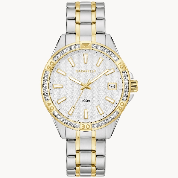 Stainless Steel Two-tone Round Case; 42 Crystals; Silver-wave Inspired Dial; Calendar; Luminous Markers; Stainless Steel Two-tone Bracelet from the Aqualuxx Collection by Caravelle #45M120