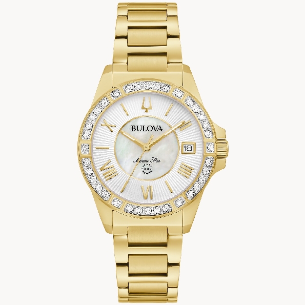 Stainless Steel with Yellow Gold Finish; 24 Diamonds Individually Hand-set on Goldtone Accented Bezel and Dial; White MOP Inner Dial; Sapphire Crystal; Goldtone Bracelet From the Ladies’ Marine Star Collection #98R294