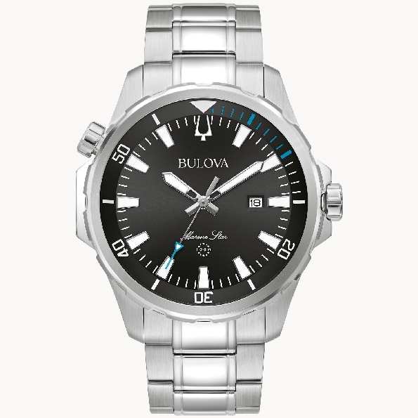 Stainless Steel Round Case; Black Sunray Dial; Luminous Hands and Markers; Calendar; Flat Mineral Crystal; Stainless Steel Bracelet with Fold-over Buckle from the Marine Star Collection by Bulova #96B382