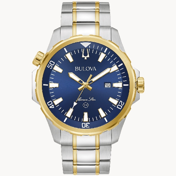 Stainless Steel Round Case; Two-tone Ion Plating; Blue Sunray Dial; Luminous Hands and Markers; Calendar; Flat Mineral Crystal; Stainless Steel Two-tone Bracelet with Fold-over Buckle from the Marine Star Collection by Bulova - Style 98B384