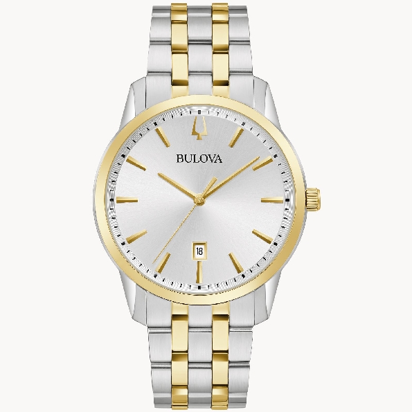 Stainless Steel with Two-Tone Finish Round Case; Silver-tone Dial;  Calendar; Domed Mineral Crystal; Two-Tone Stainless Steel Link Strap from the Sutton Collection by Bulova #98B385