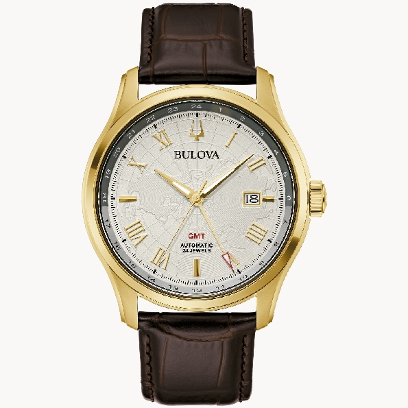Stainless Steel Case with Yellow Gold Finish; 24-Jewel Automatic Movement; Silver-white 4-hand GMT Dial; Calendar; Roman Numeral Markers; Anti-reflective Domed Sapphire Crystal; World Map Imprinted Dial; 24-Hour Rim; Brown Embossed Alligator Leather 