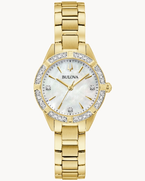 Stainless Steel with Yellow Gold Finish Round 28mm Case with 16 Diamonds; Mother-of-Pearl Dial with 3 Diamonds; Gold-tone Hands and Markers; Domed Sapphire Crystal and Stainless Steel with Yellow Gold Finish Link Strap from the Sutton Collection by B
