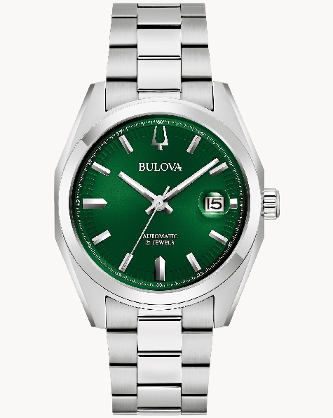 Stainless Steel 39mm Case; Automatic 21-Jewel Self-winding Movement; Exhibition Window on Caseback; Flat Sapphire Crystal; Green Dial; Silver Accents; Magnified Date Display; Stainless Steel Link Strap From the Surveyor Collection by Bulova Watch - S