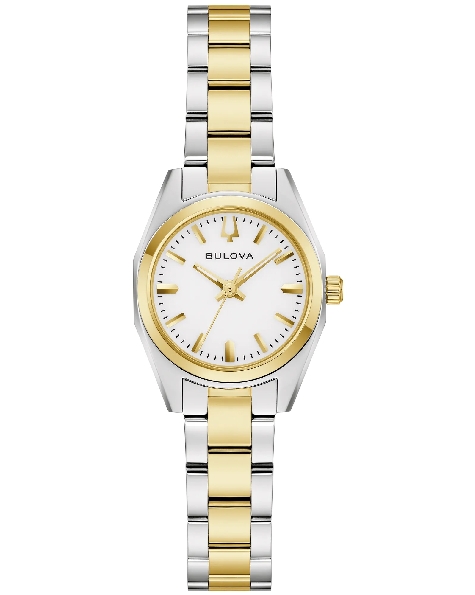Stainless Steel Two-Tone 23mm Case; Flat Sapphire Crystal; White Dial; Gold-tone Accent Markers and Hands; Stainless Steel with Two-Tone Yellow Gold Ion Finish Link Strap From the Surveyor Collection by Bulova Watch - Style 98L331