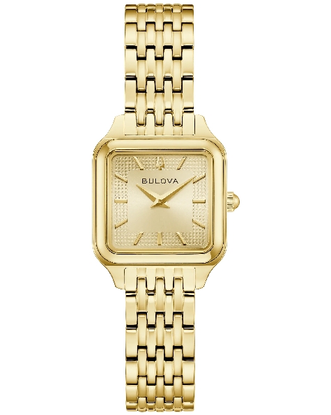 Stainless Steel 23mm with Yellow Finish Square Case; Champagne Dial; Sapphire Crystal; Yellow Gold Finish Hour Markers and Hands; Stainless Steel Yellow Gold Finish Seven-Link Bracelet Strap from the Sutton Collection by Bulova - Style 97L191