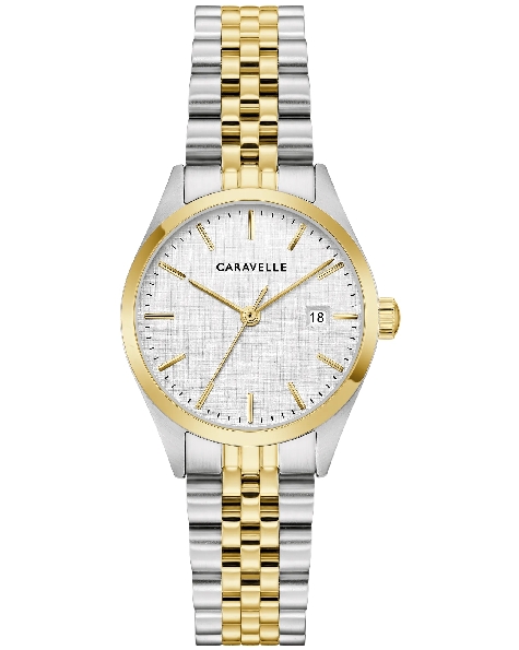 Stainless Steel with Two-tone Yellow Gold Ion Finish 28mm Round Case; Linen Texture Dial; Gold-tone Hour Markers; Polished Stainless Steel Two-tone Five-Link Bracelet from the Caravelle Classic Collection by Bulova Watch - Style 45M121