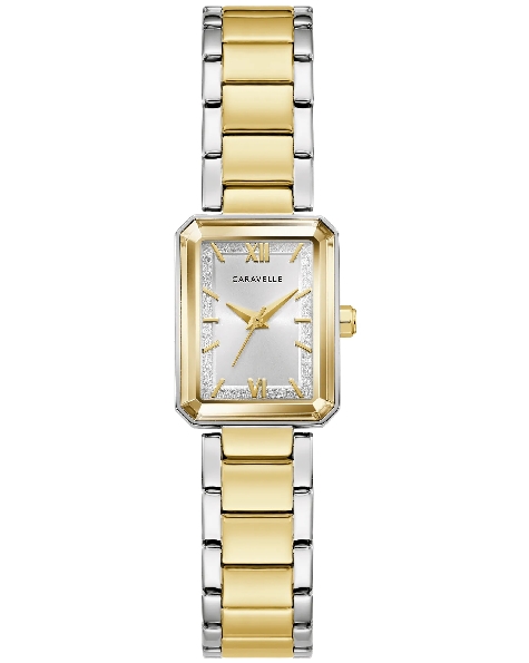 Stainless Steel with Two-tone Yellow Gold Ion Finish 17.5mm Rectangel Case; Silver Dial; Gold-tone Hour Markers; Polished Stainless Steel Two-tone Link Bracelet from the Caravelle Modern Collection by Bulova Watch - Style 45L193