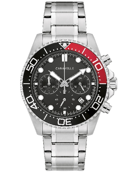 Stainless Steel 40mm Case; Six-Hand Chronograph; Black Sunray Dial; Luminescent Markers; Black and Red Unidirectional Timing Bezel; Crown Guards; Stainless Steel Dual Finish Bracelet Strap from the Caravelle Sport Collection by Bulova - Style 43B182