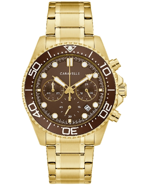 Stainless Steel with Yellow Gold Finish 40mm Case; Six-Hand Chronograph; Cream Markers; Brown Unidirectional Timing Bezel; Crown Guards; Stainless Steel Yellow Gold Dual Finish Link Strap from the Sport Collection Caravelle by Bulova - Style 44B136