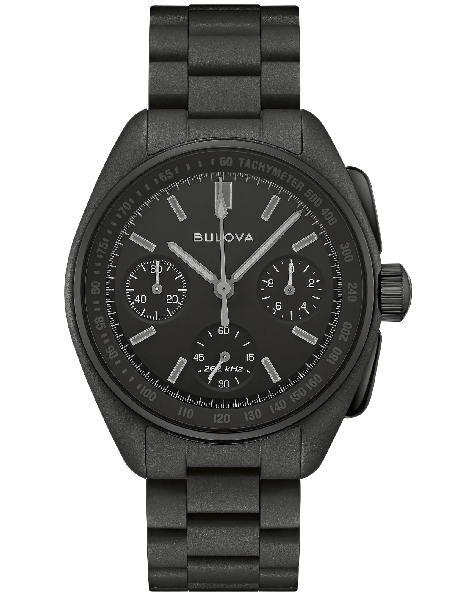 Limtited Edition Black Hole Lunar Pilot; Stainless Steel Matte Black Ion Plated 41.2mm Case; Six-hand Chronograph Dial with Musou Paint; Gunmetal Tone Tachymeter Scale; Slim Matching Handset with Grey Super-LumiNova; Recessed Circular Grooved Sub-dia