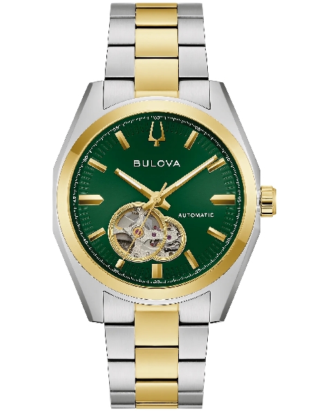 Stainless Steel Two-Tone 39mm Case; 21-Jewel Automatic Movement; Three-hand Dial with Gold-tone Accents and Open Aperture; Radiant Green Dial; Sapphire Crystal; Exhibition Window on Caseback; Stainless Steel Two-Tone Bracelet From the Surveyor Collec