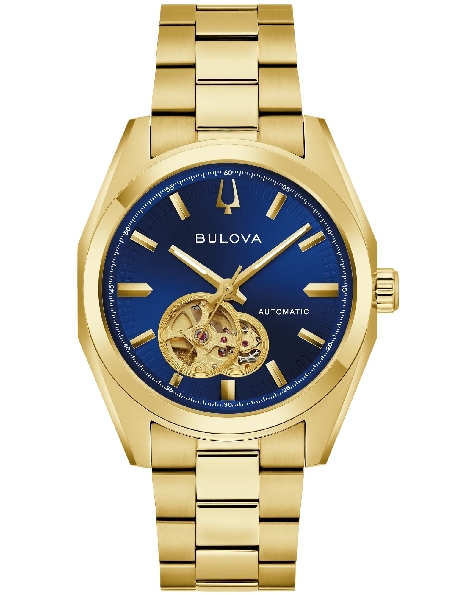 Stainless Steel 39mm Case with Yellow Gold Finish; Automatic 21-Jewel Self-winding Movement; Exhibition Window on Caseback; Sapphire Crystal; Blue Dial with Open Aperture; Stainless Steel with Yellow Gold Finish Bracelet From the Surveyor Collection