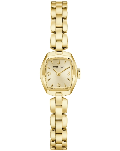 Stainless Steel with Yellow Gold Finish 18mm Case; 5Y20 Quartz Movement; Curved Mineral Crystal; Champagne Gold Dial; Gold Markers; Stainless Steel Yellow Gold Finish Link Bracelet Jackie from the Goddess of Time Collection by Bulova - Style 97L201