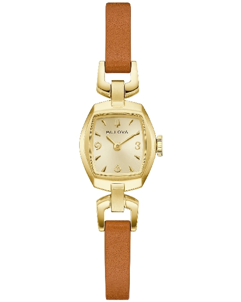 Stainless Steel with Yellow Gold Finish 18mm Case; 5Y20 Quartz Movement; Curved Mineral Crystal; Champagne Gold Dial; Gold Markers; Brown Leather Strap - Jackie from the Goddess of Time Collection by Bulova - Style 97L202