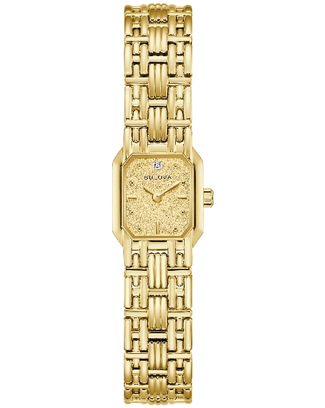 Stainless Steel with Yellow Gold Finish 16mm Case; 5R21 Quartz Movement; Sapphire Crystal; One Diamond on Champagne Gold Dial; Gold Markers; Stainless Steel Yellow Gold Finish Link Bracelet Sophia from the Goddess of Time Collection by Bulova - Sty