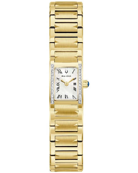 Stainless Steel with Yellow Gold Finish 14mm Integrated Case; Bezel set with 28 Brilliant Diamonds; Mother-of-Pearl Dial; Polished Gold-tone Hands; Blue Cabochon Crown; Curved Sapphire Crystal; Stainless Steel with Yellow Gold Finish Faceted Link Str