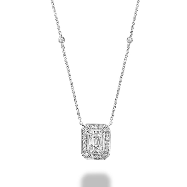 0.44ctw Round and Baguette Diamond Emerald Shape Vintage Design 14K White Gold Pendant and Six Bezel Diamonds from the Joy Collection- 20 Inch Adjustable Chain