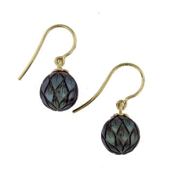 9mm Black South Sea Pearl Carved Lucky Daisy 14K Yellow Gold Hook Earrings by Galatea