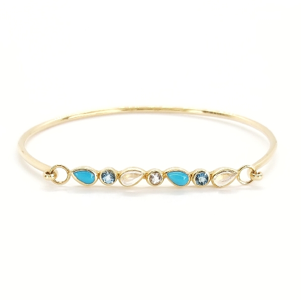5x3mm Pear Bezel Turquoise and Moonstone; and 3mm Swiss Blue Topaz 14K Yellow Gold Bangle with Hook Clasp from the Classique Linea Collection by Anzie  - 30% Off Black Friday - Final Sale