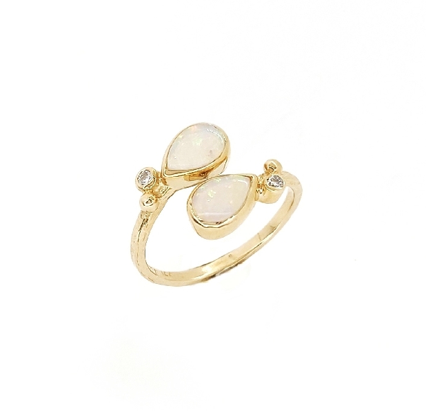 Duo Cabochon Opals cradled by 0.06ctw Diamonds and Signature Dew Drop Details; 14K Yellow Gold Ring with Hammered Texture from the Classique Coralia Collection by Anzie - Size 8 - 30% Off Black Friday - Final Sale