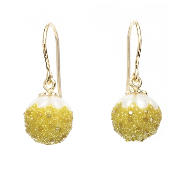 Round Cultured White Fresh Water Carved Pearl with Created Diamond Druzy 14K Yellow Gold Earrings by Galatea
