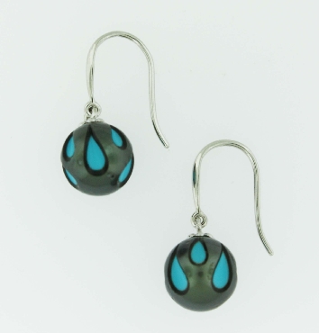11mm Tahitian Carved Pearl with Turquoise 14K White Gold Earrings by Galatea  - 30% Off Black Friday Event - Final Sale