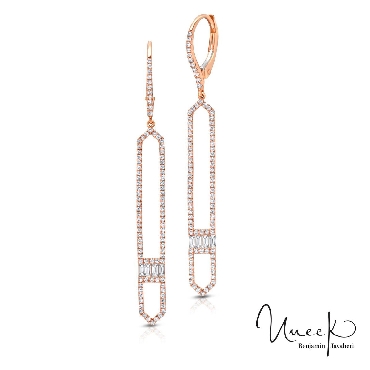 0.70ctw Baguette and Round Diamond SI Clarity; GH Colour Dangle 18K Rose Gold Earrings by Uneek Fine Jewellery  - 30% Off Black Friday - Final Sale