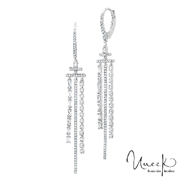 0.89ctw Baguette and Round Diamond SI Clarity; GH Colour Triple Dangle 18K White Gold Earrings by Uneek Fine Jewellery