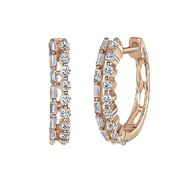 0.70ctw Baguette and Round Diamond SI Clarity; GH Colour 18K Rose Gold Hoop Earrings by Uneek Fine Jewellery