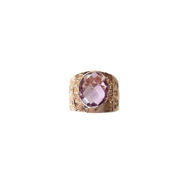 Oval Faceted Pink Amethyst with Leaf Design Hand Engraving 14K Rose Gold Ring