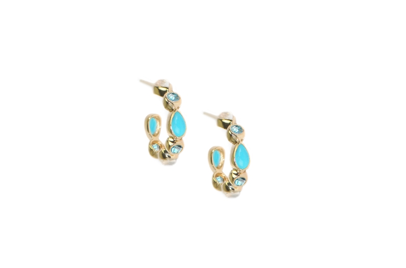 Pear Shaped Bezel Turquoise; Moonstone; and Swiss Blue Topaz 10mm Hoop 14K Yellow Gold Earrings from the Classique Linea Collection by Anzie