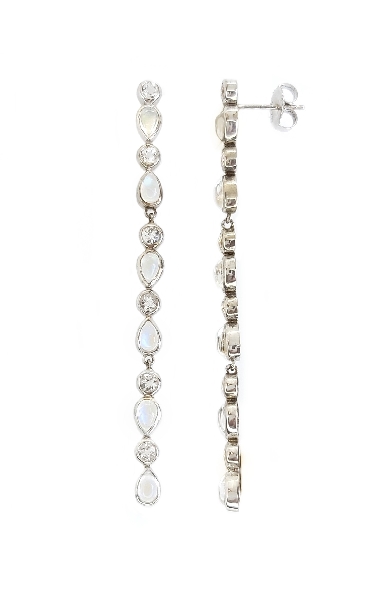 Pear Shaped Bezel Rainbow Moonstone linked with Round Bezel White Topaz Sterling Silver Linear Drop Earrings from the Classique Collection by Anzie