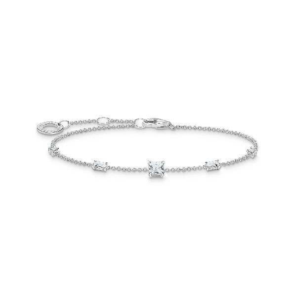 Princess Cut White Cubic Zirconia with Station Cubic Zirconia Baguettes Sterling Silver Bracelet - 6 1/2 - 7 1/2 Inch - Charm Club by Thomas Sabo