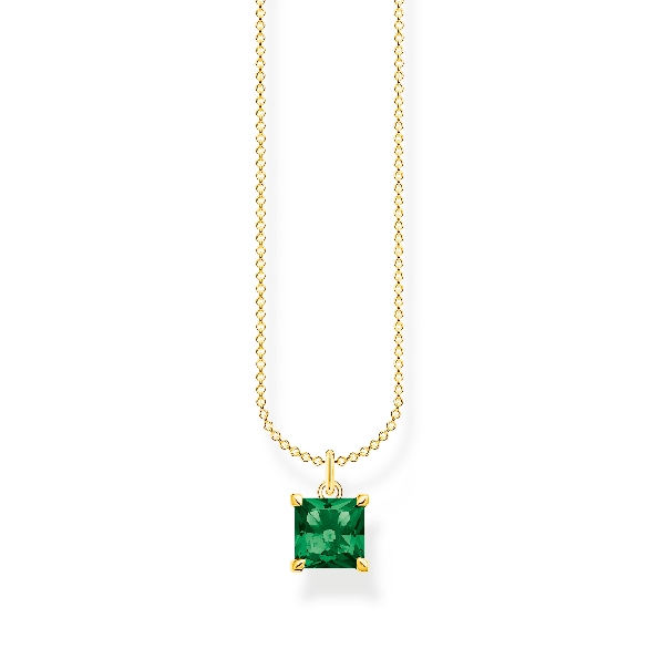 Princess Cut Glass-Ceramic Green Stone Sterling Silver with 18K Yellow Gold Finish Pendant - 16-18 Inch Chain - Charm Club by Thomas Sabo