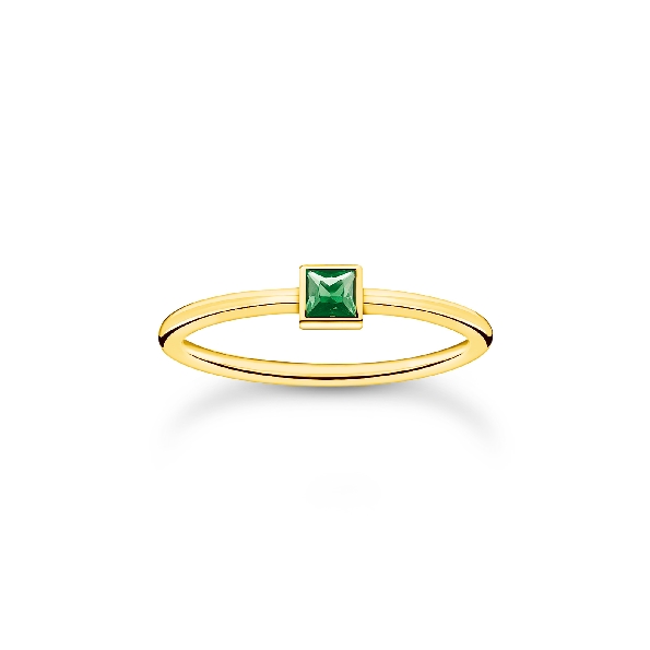 Princess Cut Green Glass-ceramic Bezel Solitaire Sterling Silver with 18K Yellow Gold Finish Ring - Size 6 1/4 - Charm Club Collection by Thomas Sabo
