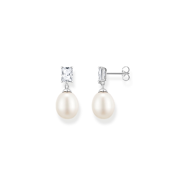 Oval Freshwater Pearl and Emerald Cut Cubic Zirconia Sterling Silver Stud Drop Earrings - Pearl Collection by Thomas Sabo