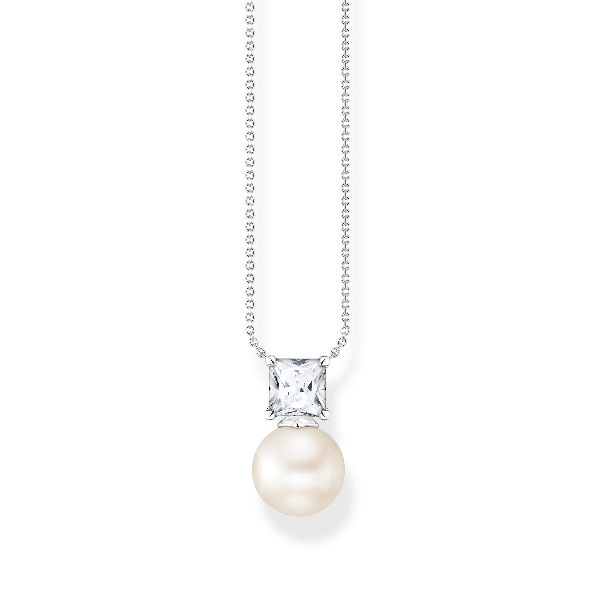 9.5mm Round Freshwater Pearl with Single Princess Cut Cubic Zirconia Sterling Silver Pendant and Chain- 16 - 18 Inch - Pearl Collection by Thomas Sabo