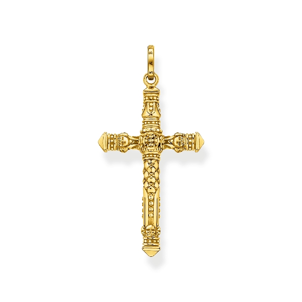 Solid Detailed Large Cross Sterling Silver with 18K Yellow Gold Finish Pendant - Cross Collection by Thomas Sabo