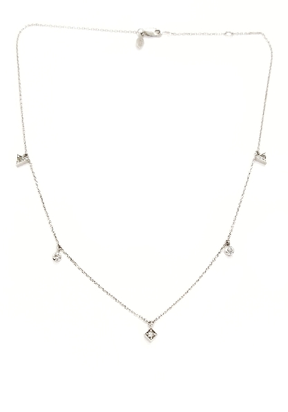 Six Geometric Shape Dangles each with 2mm White Sapphires linked between Sterling Silver 14 Inch with 1 Inch Extension Diamond Cut Chain Necklace from the Cleo Collection by Anzie