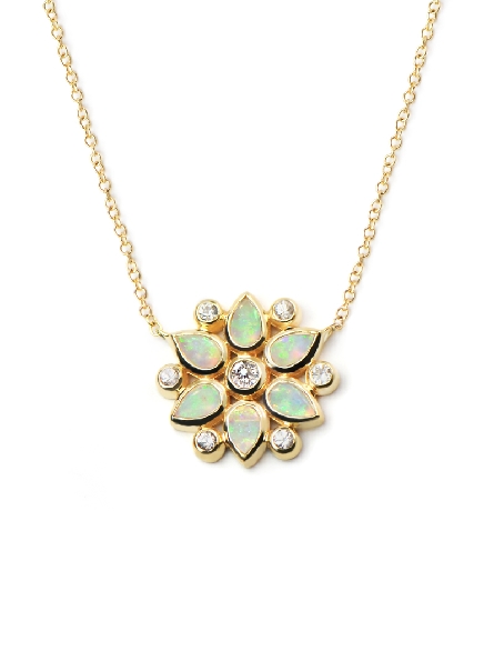 Bezel Australian Opal Petal Cluster with 0.28ctw Diamonds; 16 to 17 Inch Cable Chain 14K Yellow Gold Necklace from the Bezel Bouquet Collection by Anzie