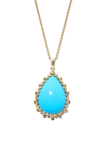Large Pear Cabochon  Sleeping Beauty  Blue Turquoise 14KY Gold Pendant with Diamond Cut Cable Chain from the Dew Drop Collection by Anzie - 17 Inch Adjustable