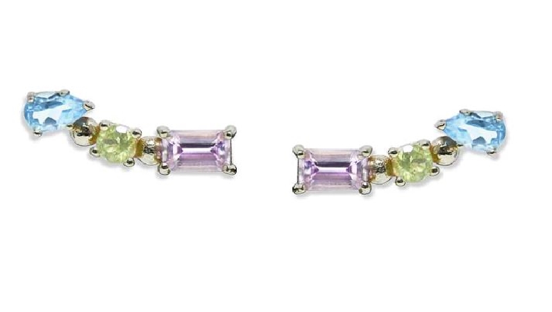 Baguette Pink Sapphire; Pear Shape Swiss Blue Topaz and Peridot Left and Right Climber 14K Yellow Gold Earrings from the Classique Collection by Anzie