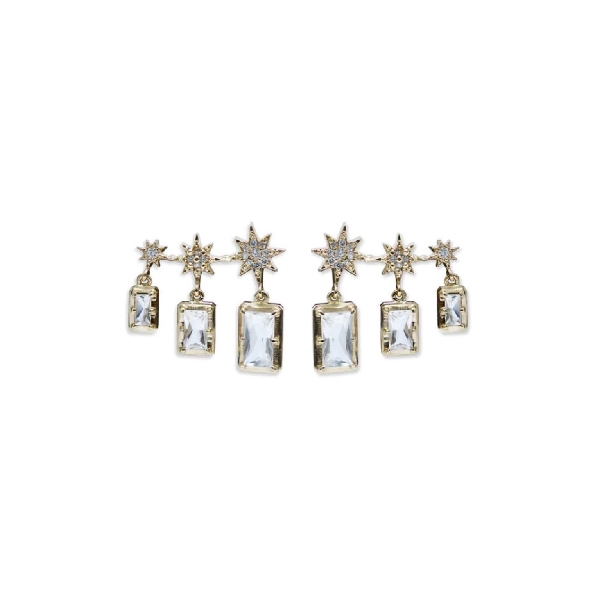 North Star 0.36ctw Diamonds with Three Cascading White Topaz Baguettes 14K Yellow Gold Stud Drop Earrings from Aztec Collection by Anzie