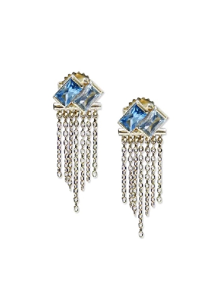 Duo Baguette Sky and Swiss Blue Topaz Fringe 14KY Gold Stud Earrings from the Carre Collection by Anzie
