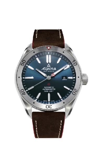 Alpiner 4 Automatic Watch; AL-525 Caliber Movement; 26 Jewels; Polished Stainless Steel Case; 44mm Diameter; Black and Navy Bezel; Sapphire Crystal; Glacier Blue Dial with Sunray Design; White Markers; Silver Second Hand with Red Triangle; Brown Calf